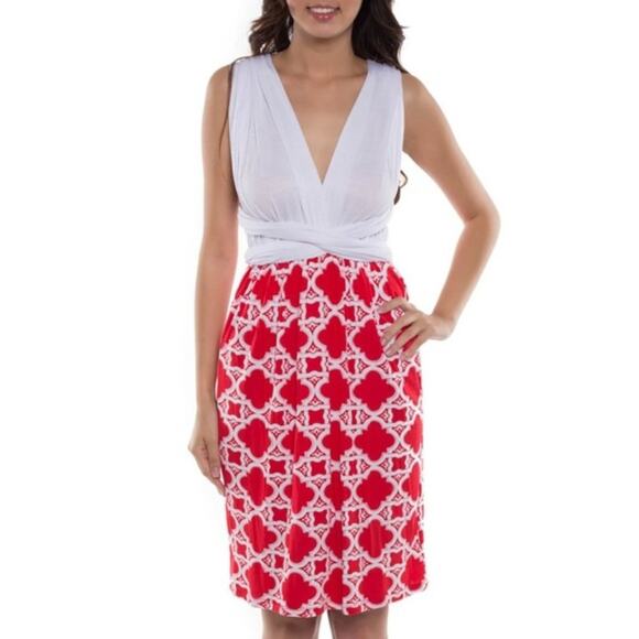Red White Dress Transform Infinity Multi Way Strappy Midi Plaid Casual Gameday M - Picture 2 of 6